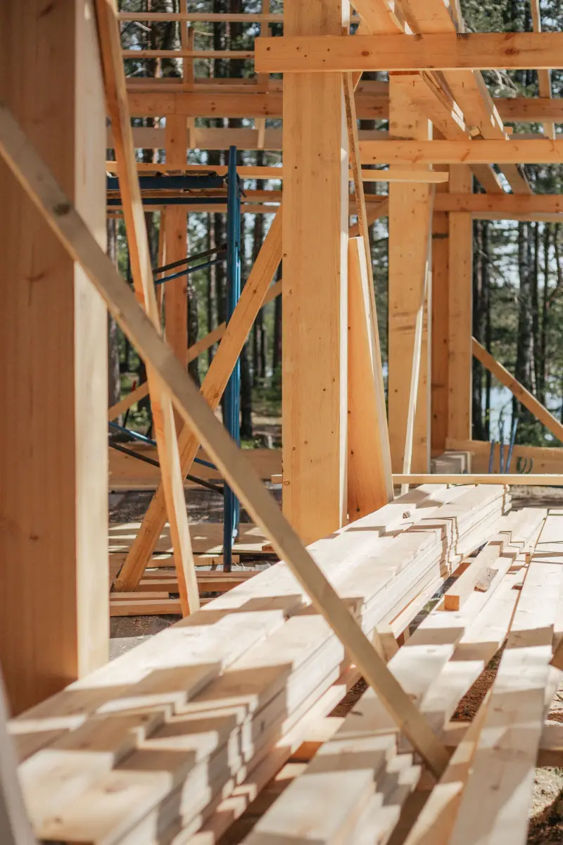 Lumber and wood framing on a residential construction site